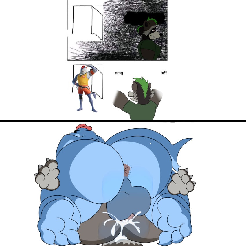 3_toes absurd_res anthro ass balls big_balls big_butt bodily_fluids comic cum cum_in_ass cum_inside duo epic_games feet feet_on_thighs fish fortnite from_front_position genital_fluids genitals hi_res huge_butt humanoid male male/male mammal marine mating_press muscular muscular_male possbooty procyonid raccoon rufus_(fortnite) safety_first_steve_(fortnite) sex shark slightly_chubby thick_thighs toes