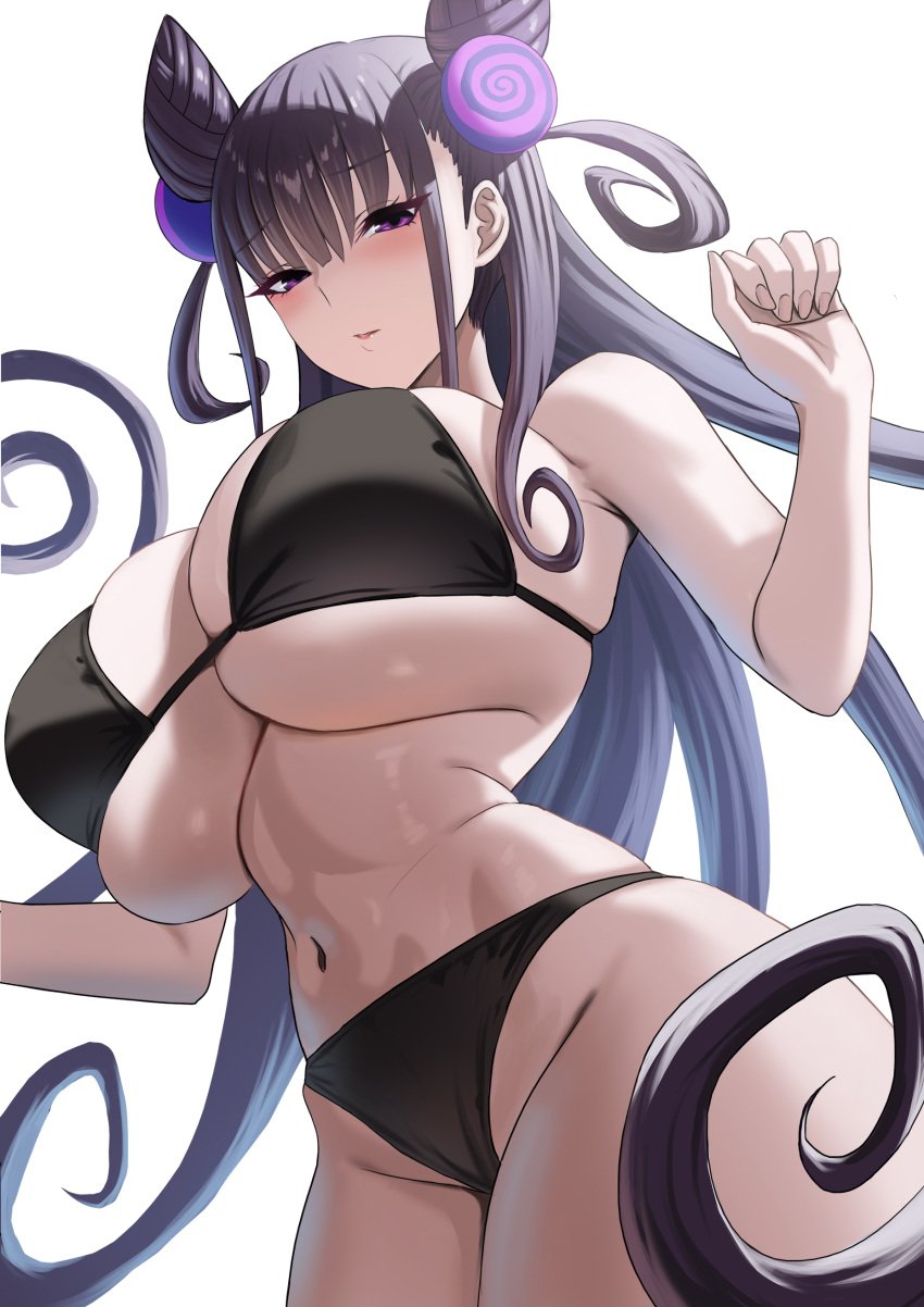 absurdres bare_shoulders bikini black_bikini blush breasts brown_hair cleavage cone_hair_bun enun fate/grand_order fate_(series) female hair_bun hair_ornament highres large_breasts long_hair looking_at_viewer murasaki_shikibu_(fate) navel purple_eyes solo swimsuit two_side_up very_long_hair