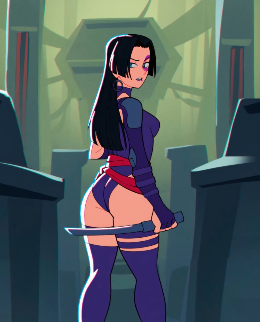 1girls ass blue_eyes highres huge_ass large_breasts leotard long_hair marvel psylocke psylocke_(marvel_rivals) purple_hair stitched suoiresnu sword tagme third-party_edit vengeance_psylocke