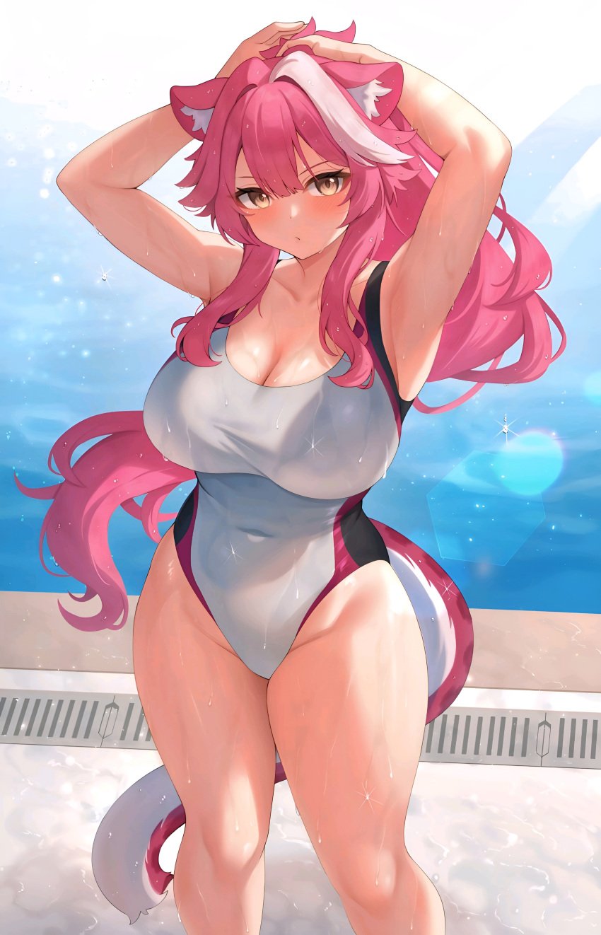 aoi_zerii armpit armpits arms arms_behind_head arms_up big_breasts big_cat big_legs blush breasts cat_ears cat_girl cat_tail feline female female_only hair_tie hair_tying hololive hololive_english hololive_english_-justice- italian knees legs long_hair panther panther_ears panther_tail pink_and_white pink_and_white_hair pink_black_and_white_swimsuit pink_hair pink_panther raora_panthera swimming_pool swimsuit thick_thighs thighs virtual_youtuber vtuber vtuberfanart wet wet_armpit wet_armpits wet_body wet_breasts wet_face wet_hair wet_legs wet_skin wet_thighs white_swimsuit yellow_eyes