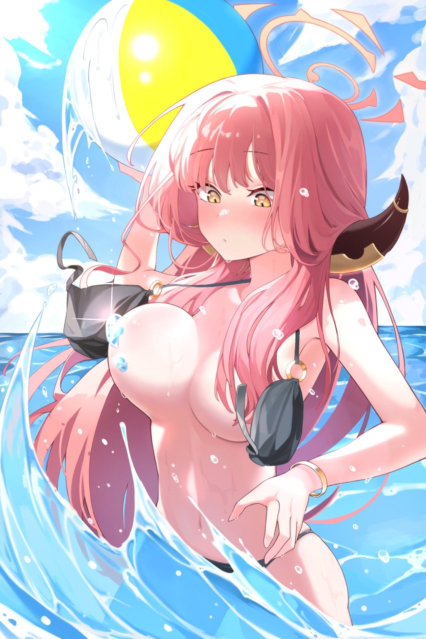 aru_(blue_archive) beach beach_ball blue_archive breasts dot_mouth embarrassed full-face_blush gehenna_academy_student large_breasts looking_down ocean problem_solver_68_(blue_archive) surprised wardrobe_malfunction