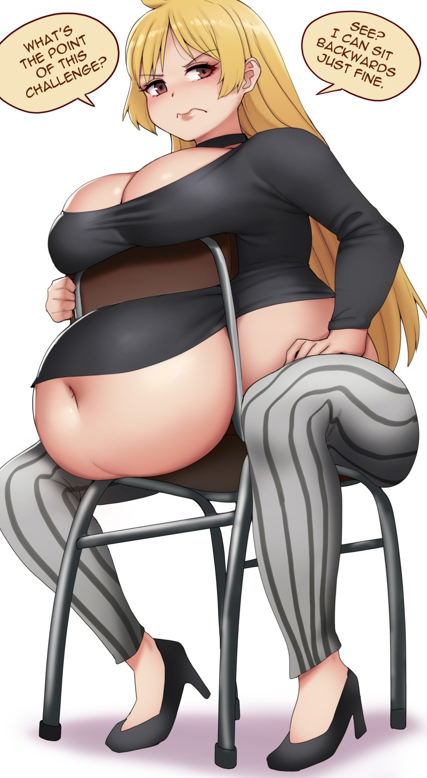 annoyed bbw belly_overhang big_belly big_female blush bocchi_the_rock! chair chubby chubby_female clothes_barely_covering fat fat_ass fat_female fat_fetish fat_girl fat_woman fatty ijichi_seika kipteitei large_female obese obese_female overweight overweight_female pig plump pork_chop speech_bubble thick_thighs tight_clothes tight_clothing tight_fit tubby weight_gain