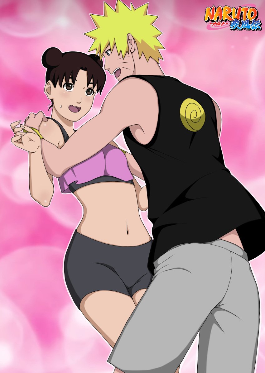 1boy 1girls alternate_costume before_sex being_undressed bike_shorts brown_hair cleavage clothing_pull couple crop_top curvaceous curvy curvy_figure double_bun duo_focus embarrassed female imminent_sex jack_.mery male midriff naruto naruto_(series) naruto_shippuden navel official_alternate_costume open_mouth pulled_by_another purple_background shirt shorts shy sports_bra strap_slip sweat taking_clothes_off tank_top tenten twin_buns undressing upper_body uzumaki_naruto watermark wavy_hair wavy_mouth wide_hips workout_clothes wristband yellow_hair