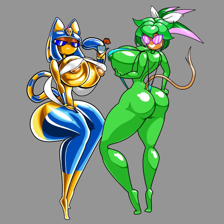 2girls animal_crossing ankha_(animal_crossing) bikini blaster_master cat_tail doll frown frowning_at_viewer green_body huge huge_areolae huge_ass huge_breasts kanna_(blaster_master) knick_knack looking_at_viewer narrow_waist palooha plant_girl smiling_at_viewer sunglasses thighs yellow_body