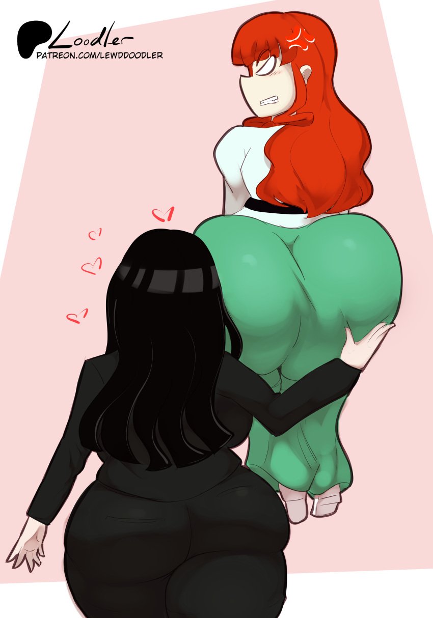 2girls angry ass_focus big_ass big_butt black_hair couple dress faceless_female grabbing grabbing_ass green_dress groping heart_symbol hearts_around_head huge_ass hyper_ass koumori_kuroko large_butt large_thighs lewddoodler lifting_person pervert red_hair round_ass suit white_shoes wide_hips woman_in_suit yanaoka_chiyo yuri