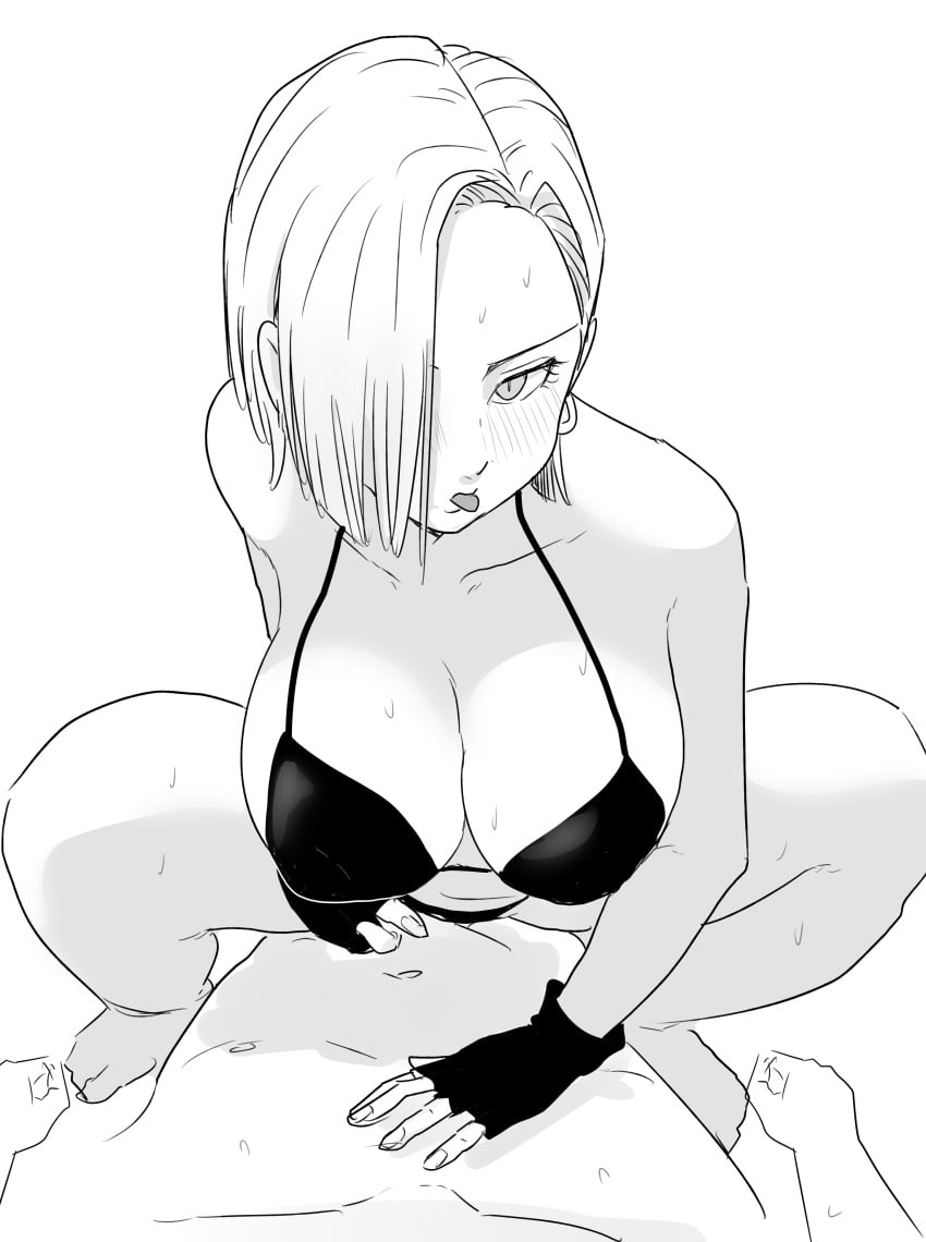 android_18 big_breasts bra cleavage dragon_ball dragon_ball_z female gloves male pink_mousse sitting_on_lap