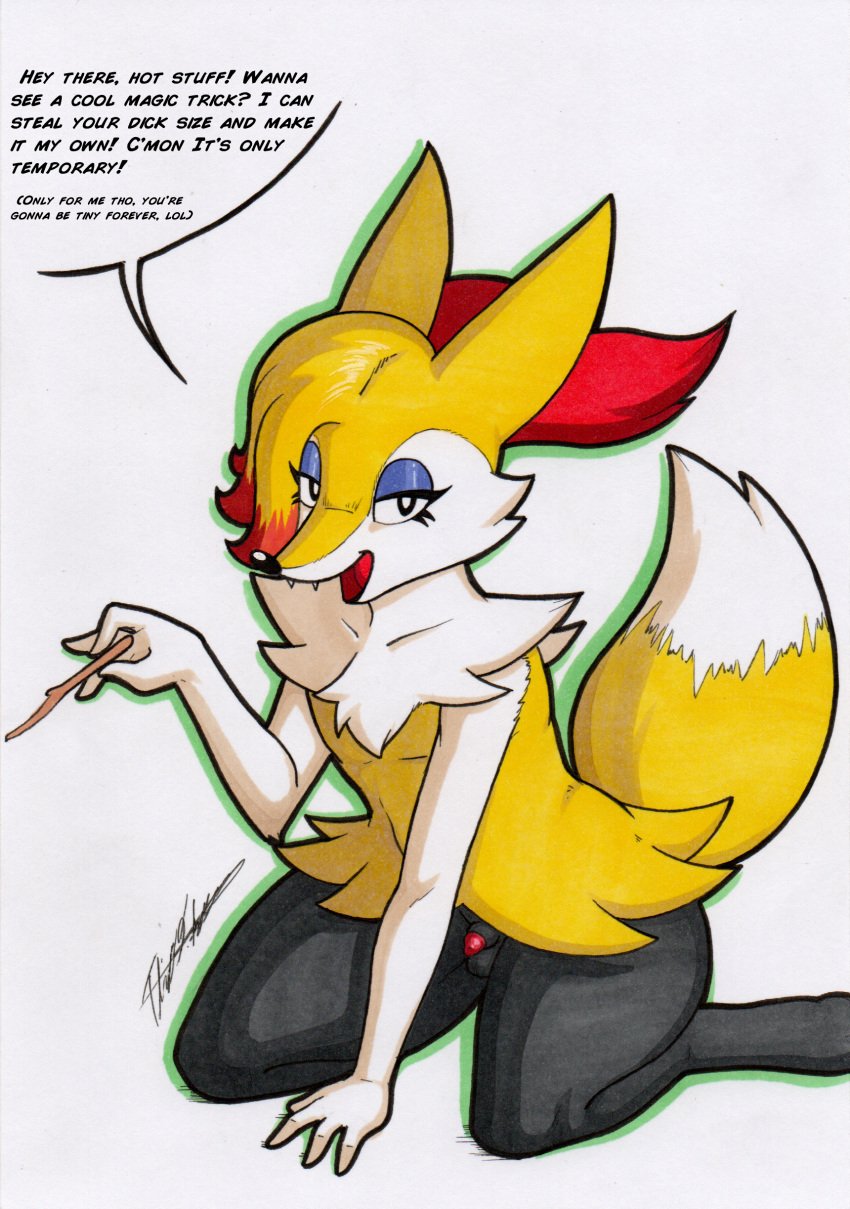 absurd_res animal_genitalia animal_penis anthro balls braixen femboy fur generation_6_pokemon genitals hi_res lipsticking male nintendo penis pokemon pokemon_(species) rotten_owl simple_background small_penis solo traditional_media_(artwork) tuft white_background yellow_body yellow_fur