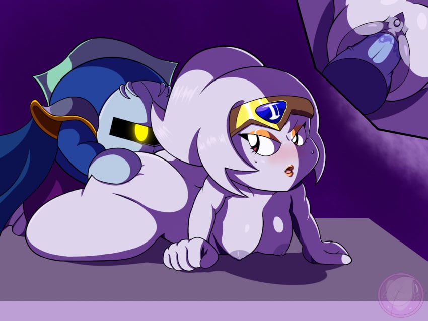 blushing_female evasidelights garlude kirby_(series) masked_male meta_knight naked_female purple_skin sweatdrop vaginal_penetration