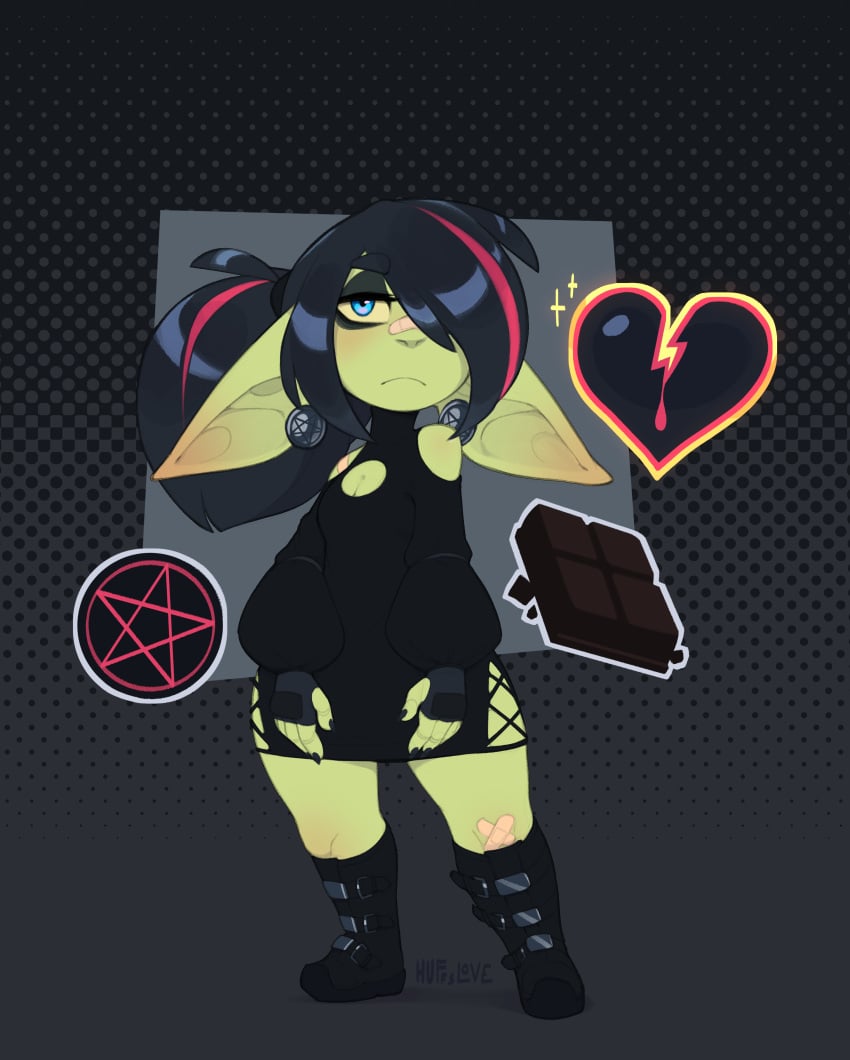 black_hair_dye candy_(huffslove) goblin goblin_female goth_girl green_skin huffslove original original_character tagme