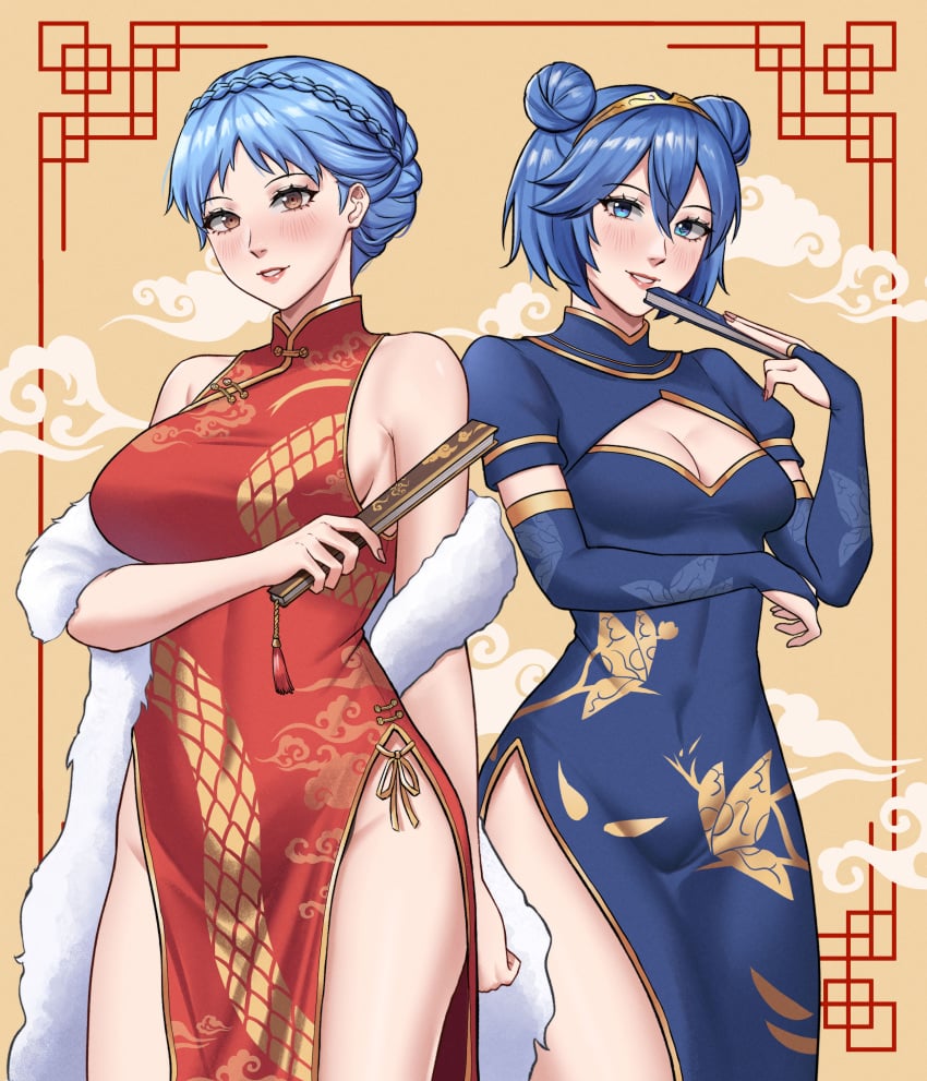 2girls absurdres alternate_costume alternate_hairstyle blue_dress blue_eyes blush braid breasts brown_eyes china_dress chinese_clothes cleavage cleavage_cutout clothing_cutout crown_braid double_bun dress feather_boa fire_emblem fire_emblem:_three_houses fire_emblem_awakening folding_fan gold_trim hair_bun hand_fan highres holding holding_fan ikhwan_maulana in-franchise_crossover large_breasts lucina_(fire_emblem) marianne_von_edmund medium_breasts multiple_girls parted_lips pelvic_curtain red_dress side_slit small_breasts tassel yellow_background