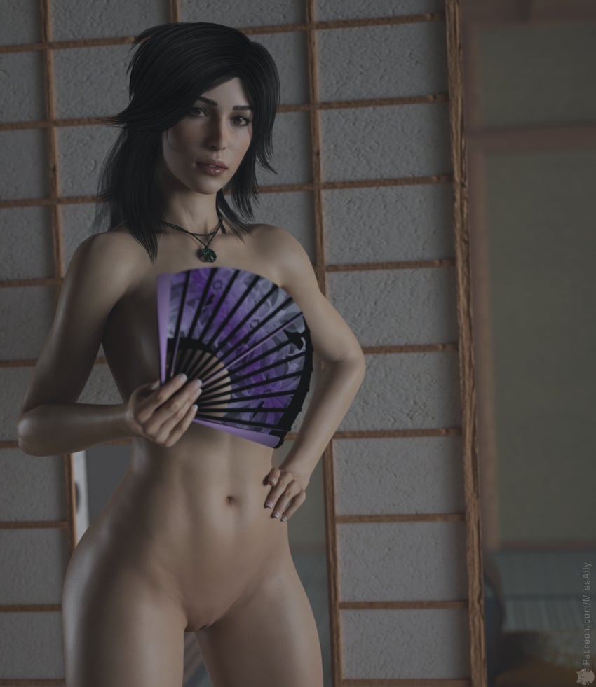 1girls 3d 3d_(artwork) 3d_background 3d_model athletic athletic_female black_hair brown_eyes cg cgi cgi_girl chinese_fan completely_naked completely_naked_female completely_nude completely_nude_female covering_breasts dark_hair fan female female_only interested interior inviting_viewer lara_croft lara_croft_(survivor) long_hair looking_at_viewer missally necklace necklace_only seductive seductive_look seductive_pose slim slim_girl standing tomb_raider tomb_raider_(survivor)