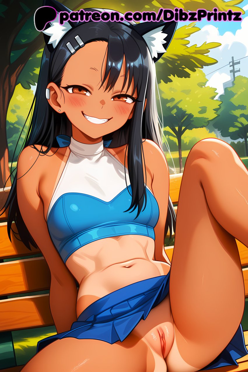 1girls abs ai ai_assisted ai_generated animal_ear_fluff animal_ears anime artist_name ass asymmetrical_bangs bare_shoulders bench black_hair blue_skirt blush breasts brown_eyes cat_ears cloud crop_top dark-skinned_female dark_skin day dibzprintz earclip extra_ears female female_abs grin hair_ornament hairclip halterneck hayase_nagatoro hi_res high_quality high_resolution highres kemonomimi_mode knee_up long_hair looking_at_viewer medium_breasts midriff miniskirt nagatoro_hayase navel no_panties on_bench one-piece_tan outdoors park park_bench patreon patreon_username please_don't_bully_me,_nagatoro pleated_skirt public_indecency pussy sitting skirt small_breasts smile solo spread_legs stomach tan tanline tanlines teeth thighs tree uncensored watermark web_address