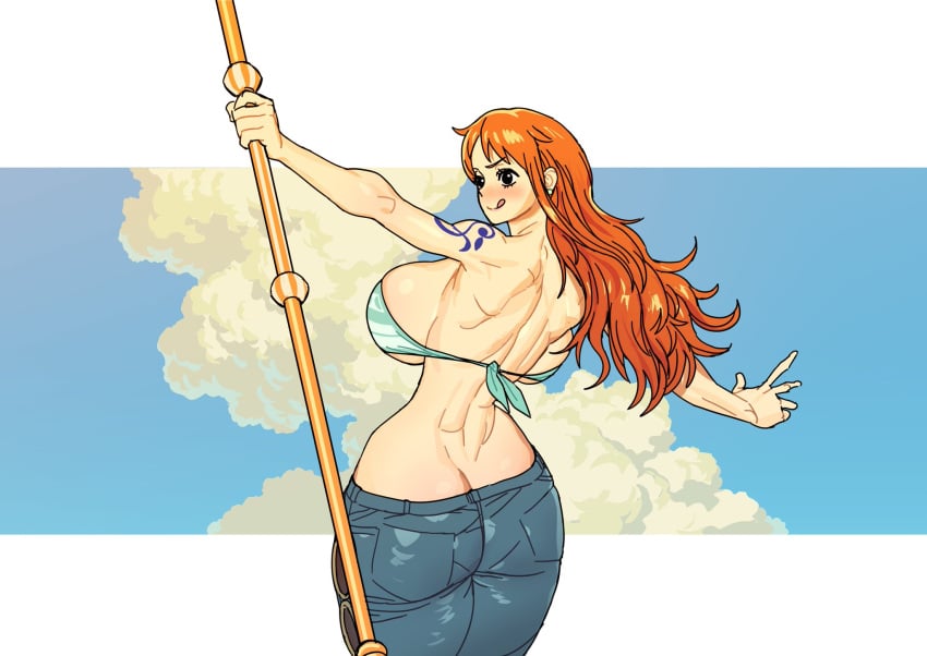 1girls ass ass ass_focus back back_view bare_arms bare_shoulders big_ass big_breasts big_butt blush bra clothed clothing color female female_focus female_only hi_res large_breasts light-skinned_female light_skin long_hair nami nami_(one_piece) one_piece orange_eyes orange_hair shounen_jump solo solo_female tagme tattoo thick_thighs yanolza01