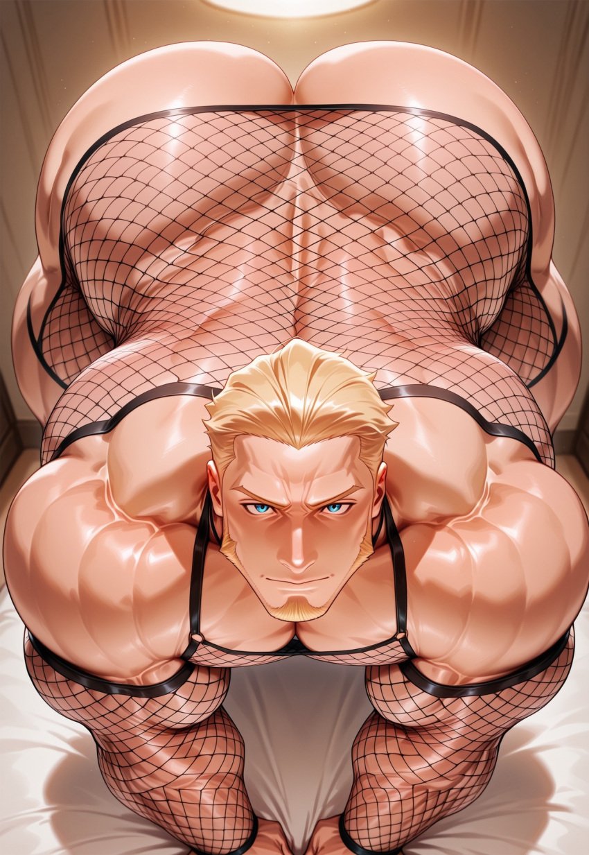 1boy 1man ai_art ai_generated ass ass_bigger_than_head ass_up bara beard biceps big_ass big_ass_(male) big_butt big_butt_(male) blonde_hair blonde_hair_male bodybuilder bottom_heavy bottom_heavy_male deltoids facial_hair fishnet_bodysuit fishnet_clothing fishnet_dress fishnets gay gay_male light-skinned_male light_skin light_skinned_male lingerie male male_in_lingerie male_only muscular muscular_male pecs pectorals rokudenashi_(style) rokuworshiper solo solo_male thick_thighs trapezius triceps