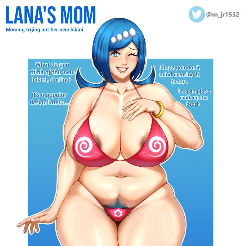 blue_eyes breasts curvy female highres huge_breasts huge_nipples lana&#039;s_mother_(pokemon) m_jr1532 m_jr_art plump pokemon pokemon_sm pubic_hair short_hair smile standing