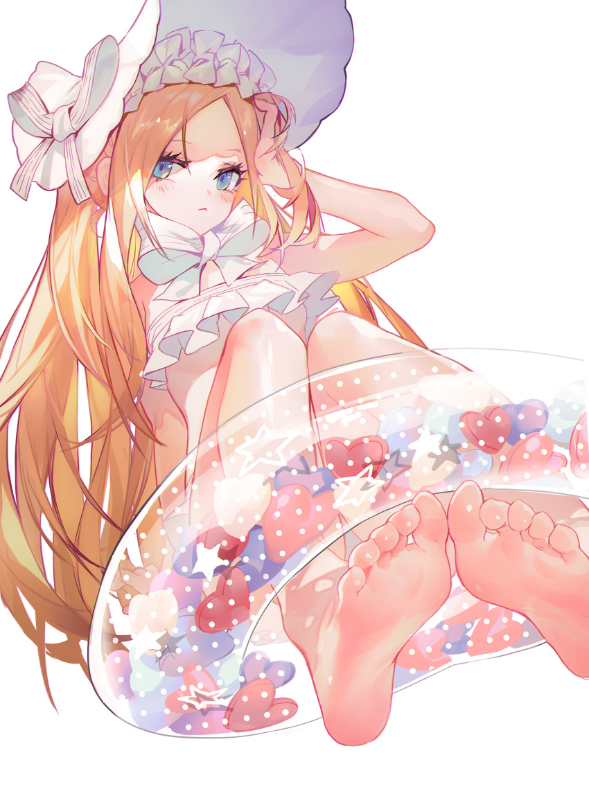 abigail_williams_(fate/grand_order) abigail_williams_(swimsuit_foreigner)_(fate) absurdres bangs bikini blonde_hair blue_eyes bonnet bow closed_mouth fate/grand_order fate_(series) feet female forehead grandia_lee grandialee highres innertube legs long_hair multiple_bows parted_bangs sidelocks simple_background sitting soles swimsuit toes twintails white_background white_bikini white_bow white_headwear