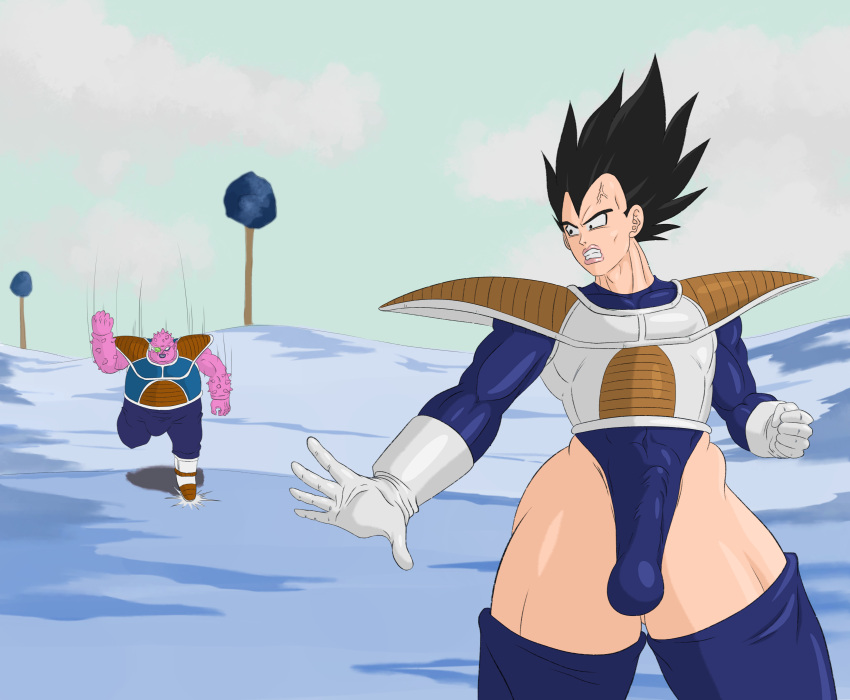 2boys abs bad_anatomy battle_armor black_hair bulge bulge_through_clothing dodoria dragon_ball dragon_ball_z girly leotard male muscular muscular_arms muscular_legs muscular_male muscular_thighs pink-skinned_male pink_skin saiyan saiyan_armor sissy spiked_arms stockings tight_clothes tight_clothing tight_fit vegeta visualdrool