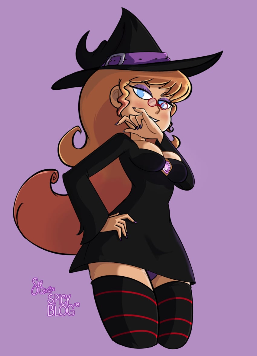 amelie_(stewsspicyblog) blonde_hair busty glasses pinup purple_panties stewsspicyblog striped_legwear witch witch_costume witch_hat