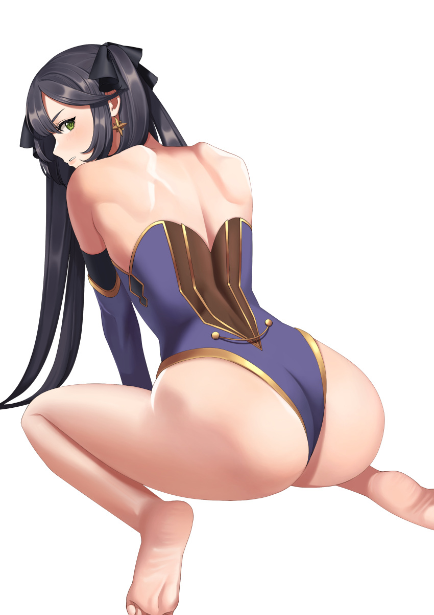 1girls ass black_hair bubble_butt bunny_(artist) dat_ass female genshin_impact green_eyes lipstick long_hair mona_(genshin_impact) on_knees solo tagme white_background white_skin