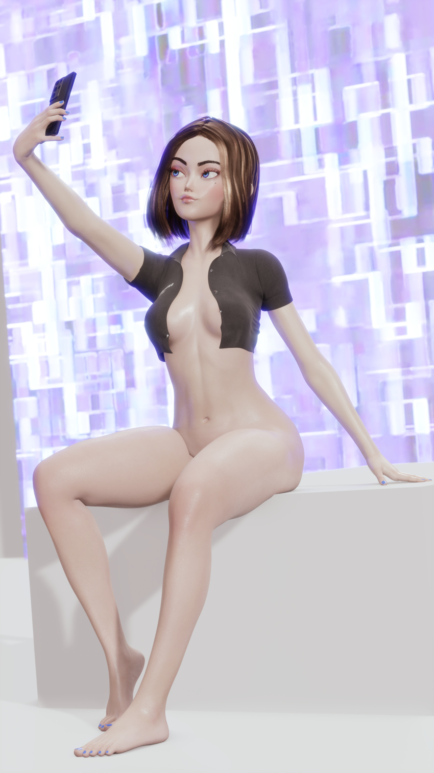 1girls 3d absurd_res blue_eyes bottomless breasts brown_hair female j4zzbug_sfm open_shirt partially_clothed phone pose samsung samsung_sam sitting solo solo_female thighs