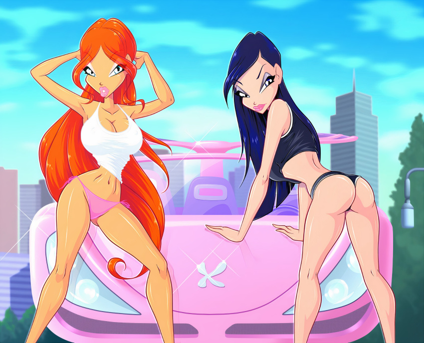 2girls bimbo bloom_(winx_club) blue_eyes blue_hair busty car covered_breasts covered_nipples grey_eyes looking_at_viewer multiple_girls musa_(winx_club) nipple_bulge no_bra panties red_hair wasp_waist winx_club zfive