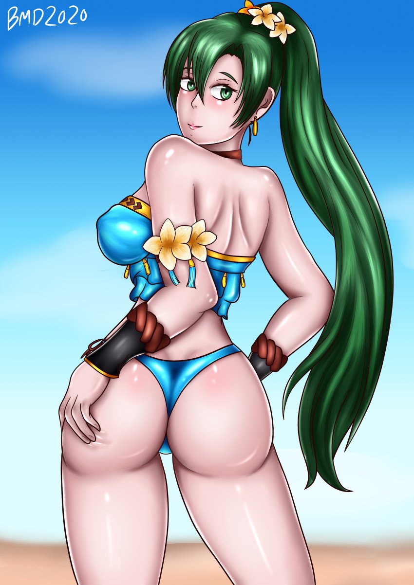 alternate_costume ass back_view big_ass bikini blue_bikini blue_swimsuit bmd18plus bmdraws covered_nipples earrings female fire_emblem fire_emblem:_the_blazing_blade fire_emblem_heroes green_eyes green_hair larger_male long_hair looking_back lyn_(fire_emblem) lyn_(summer)_(fire_emblem) lyndis_(fire_emblem) medium_breasts nintendo ponytail smile swimsuit