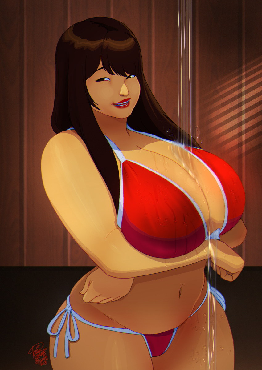 1girls asian asian_female big_breasts bikini female female_focus female_only hitomi_tanaka long_hair original original_character porn_star red_and_white_bikini red_bikini solo swimsuit thunder_thighs tovio_rogers water yellow-skinned_asian yellow_skin