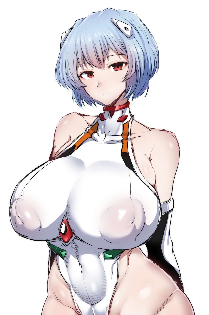 1girls absurd_res bare_shoulders blue_hair bodysuit breasts clothing covered_erect_nipples covered_navel elbow_gloves female female_only gggg gloves headgear hi_res human interface_headset inverted_nipples large_breasts leotard looking_at_viewer neon_genesis_evangelion pale-skinned_female pale_skin pilot_suit plugsuit red_eyes rei_ayanami short_hair simple_background solo white_background