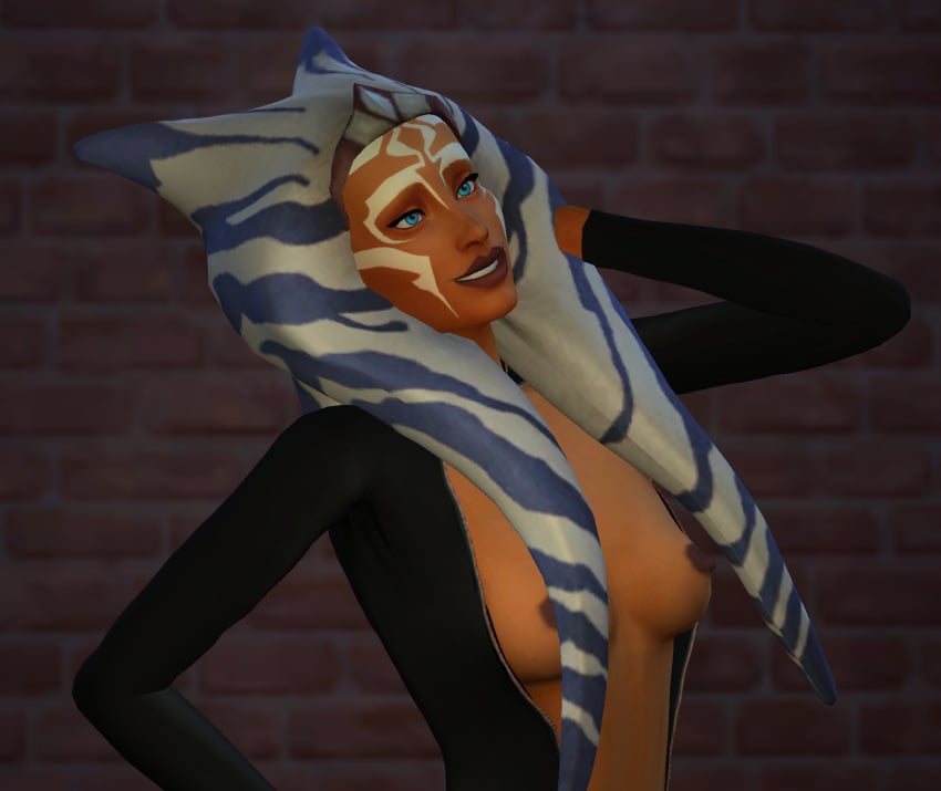 1girls 3d ahsoka_tano big_breasts blue_eyes breasts captnjaz clothed clothing female_focus female_only lingerie nipples pose revealing_clothes simple_background smile solo star_wars star_wars_rebels