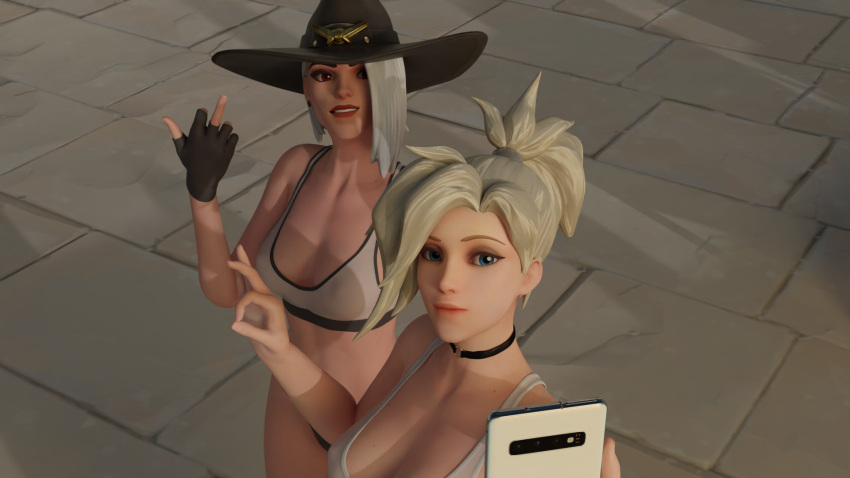 2girls 3d angela_ziegler ashe_(overwatch) big_breasts blender breasts cellphone cowboy_hat elizabeth_caledonia_ashe female female_only fisherman gloves ilios_(map) mercy middle_finger overwatch overwatch_2 pose posing selfie thong