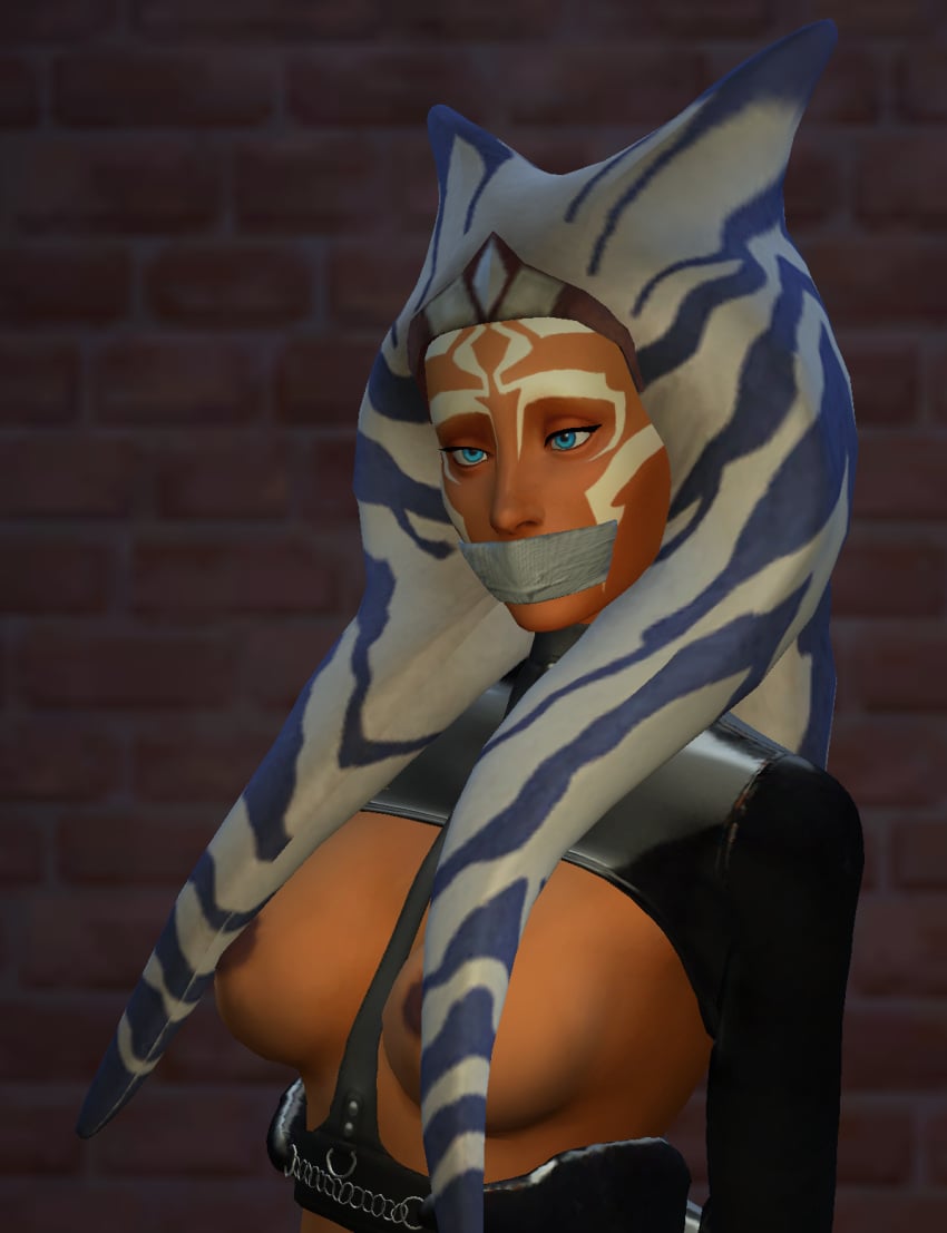 1girls 3d ahsoka_tano big_breasts blue_eyes bondage breasts captnjaz clothed clothing female_focus female_only gag gagged lingerie nipples revealing_clothes simple_background solo star_wars star_wars_rebels