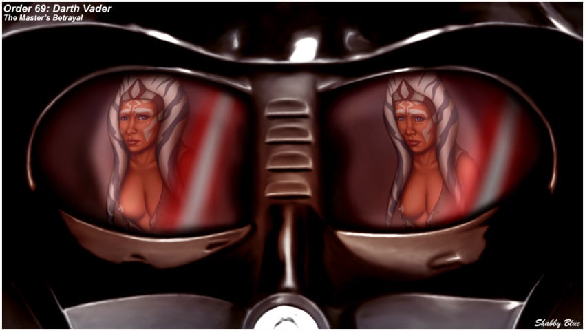 1boy 1girls ahsoka_tano anakin_skywalker big_breasts blue_eyes breasts cleavage clothed clothing darth_vader english_text hi_res nipples order_69 reflection revealing_clothes shabby_blue star_wars star_wars_rebels text torn_clothes watermark