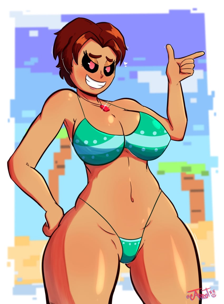 1girls beach big_breasts bikini black_eyes brown_hair hand_on_hip jarrotxx looking_at_viewer original_character red_eyes smiling sole_female thick_thighs