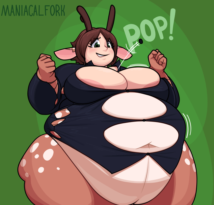 1girls anthro areolae belly belly_button big_belly big_breasts blush brown_hair chubby_cheeks clothing deer deer_ears female female_focus female_only fur green_eyes horn horns human light_skin maniacalfork onomatopoeia overweight simple_background smile solo solo_female solo_focus text thick_thighs tight_clothing tight_fit watermark wide_hips