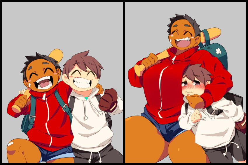 1boy 1girls baseball_bat chubby dark-skinned_female larger_female light-skinned_male overweight overweight_female short_shorts smaller_male squarewave tomboy