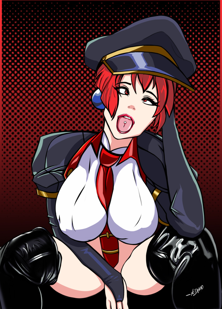 1girls android big_breasts boots breasts curvaceous earrings female hat jacket large_breasts latex_suit light-skinned_female light_skin necktie nightdaro no_pants open_mouth pants red_eyes red_hair saber_marionette_j shirt short_hair solo squatting tiger_(saber_j) uniform villainess