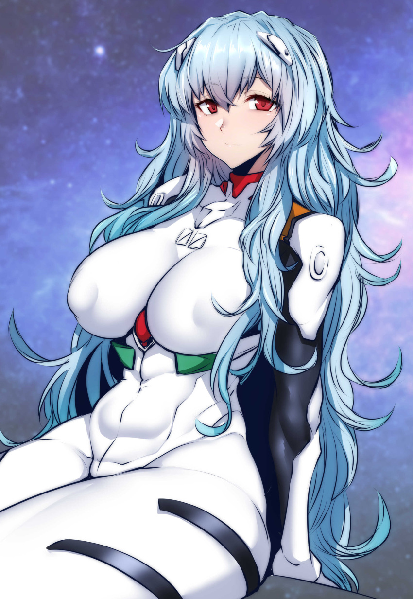 1girls absurd_res blue_hair blush bodysuit breasts clothing covered_erect_nipples covered_navel curvy erect_nipples erect_nipples_under_clothes female female_only gggg headgear hi_res human interface_headset large_breasts long_hair looking_at_viewer neon_genesis_evangelion pale-skinned_female pale_skin pilot_suit plugsuit rebuild_of_evangelion red_eyes rei_ayanami sitting smile solo thick_thighs wide_hips