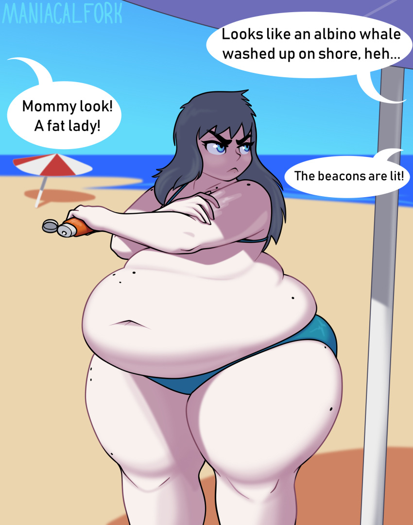 angry beach big_ass big_belly big_butt bikini bikini_bottom bikini_top blue_eyes bra clothing eyebrows_visible_through_hair grey_hair long_hair looking_at_another maniacalfork mole original_character overweight panties small_breasts speech_bubble sunscreen text thick_thighs watermark