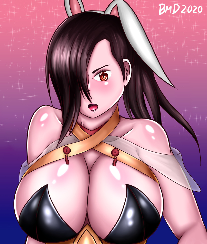 1girls alternate_costume bare_shoulders big_breasts bmd18plus brown_eyes brown_hair bunny_ears bunny_girl bunnysuit cleavage collarbone easter fire_emblem fire_emblem_fates fire_emblem_heroes hair_over_one_eye huge_breasts kagero_(fire_emblem) kagero_(spring)_(fire_emblem) large_breasts looking_at_viewer nintendo open_mouth open_smile solo solo_female