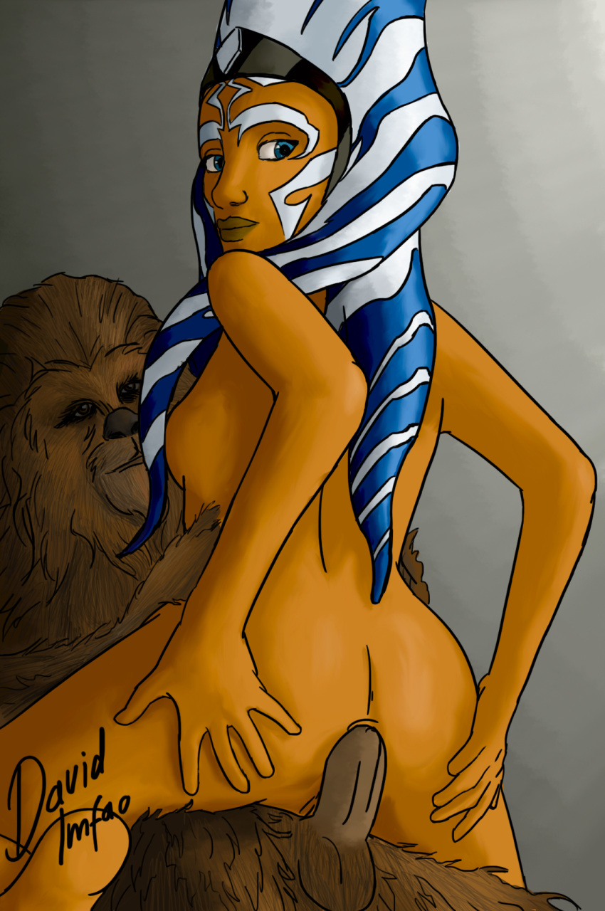 1boy 1girls ahsoka_tano anal anal_penetration anal_sex ass_grab background blue_eyes cowgirl_position david_lmfao duo erection eyes facial_markings female fur grey_background hair hairy hand_on_ass hands_on_ass hands_on_hips headband headgear holding horn interspecies looking_at_viewer looking_back male medium_breasts open_eyes penis sex sideboob simple_background spread_legs star_wars star_wars_rebels straight tentacle tentacle_hair watermark wookiee