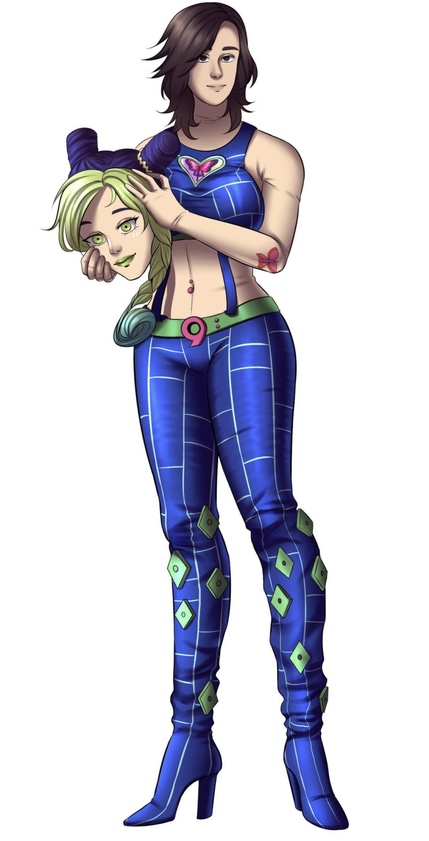 belly_button belly_button_piercing belt brown_hair costume green_hair heel_boots high_heel_boots jojo's_bizarre_adventure jolyne_kujo_(cosplay) mtf_transformation pants piercing red_sunday skinsuit stone_ocean tattoo transformation woman