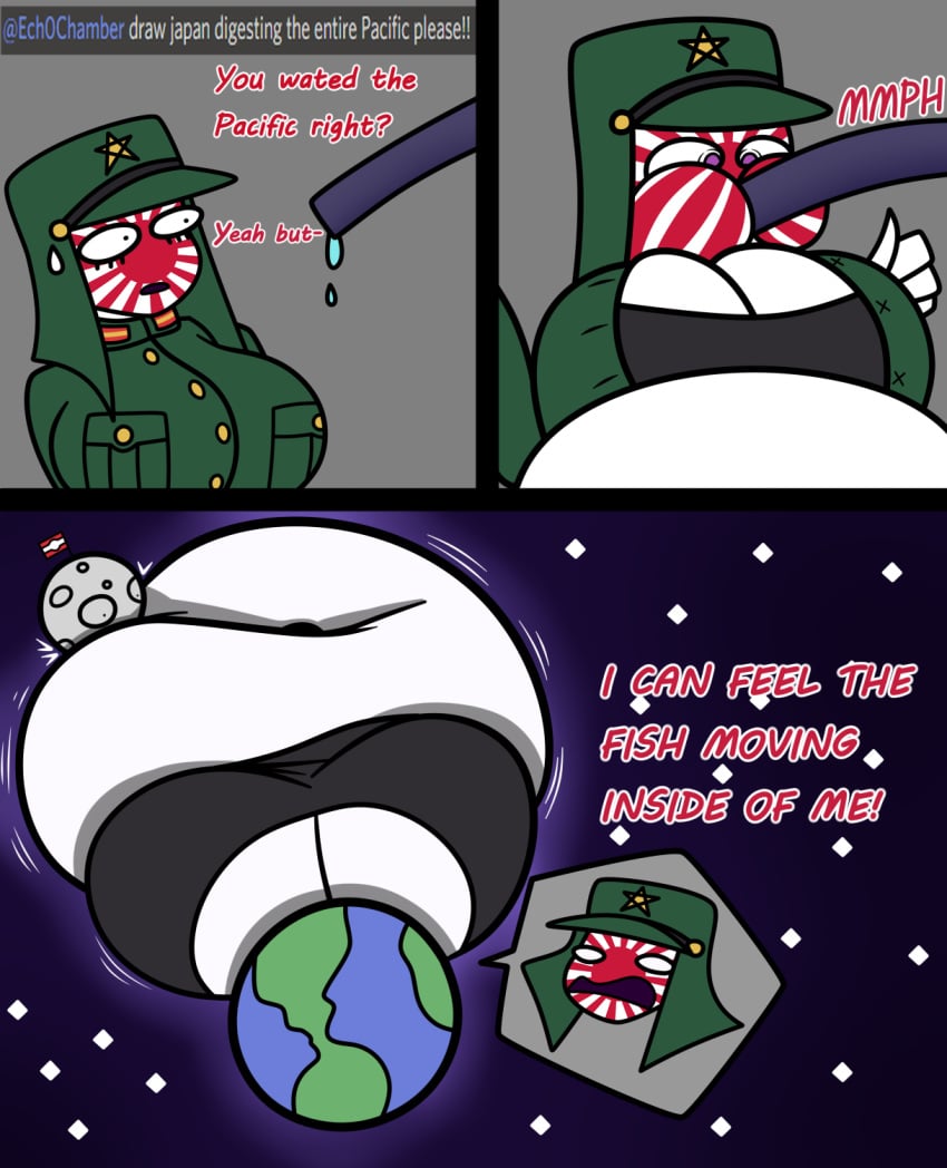 belly belly_bigger_than_body big_breasts clothing comic countryhumans countryhumans_girl ech0chamber expansion female female_only gray_background inflation inflation_fetish japanese_empire_(countryhumans) moon simple_background vore vore_belly water_inflation