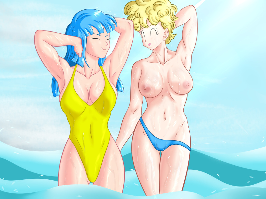 2girls age_difference arm_up armpits arms_up bare_arms bare_legs bare_shoulders big_breasts bikini_(dragon_ball) blonde_hair blue_hair breasts breasts_apart cleavage closed_eyes closed_mouth couple covered_navel curly_hair day dragon_ball dragon_ball_z duo female female_only incog123 legs long_hair maron multiple_females multiple_girls navel neck nipples one-piece_swimsuit outdoors panchy panchy_(dragon_ball) panchy_briefs short_hair smile standing straight_hair swimsuit topless topless_female water yellow_swimsuit yuri