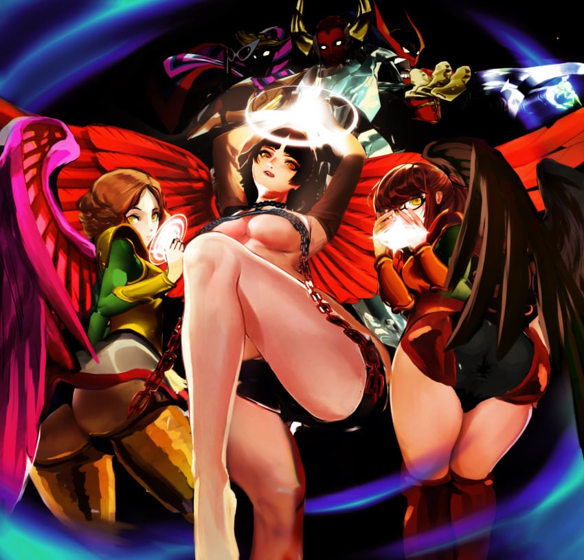 3girls angel angel_(megami_tensei) angel_(megami_tensei)_(cosplay) angel_wings armor ass big_breasts cleavage cosplay female female_only haru_okumura kasumi_yoshizawa makoto_niijima megami_tensei multiple_girls persona persona_5 persona_5_royal sumire_yoshizawa thick_thighs