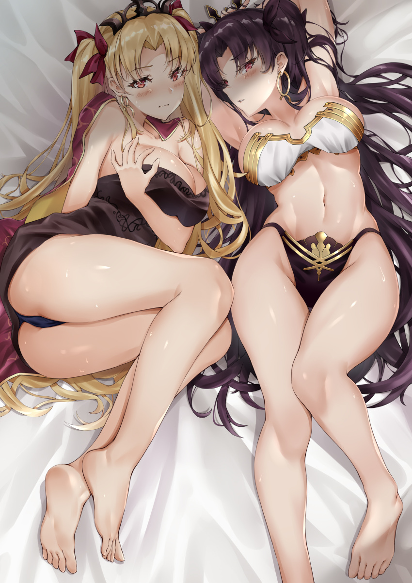 2girls barefoot bed belly big_bed black_hair blonde_hair blush breasts cleavage earrings ereshkigal_(fate) fate/grand_order fate_(series) female female_only hair_ornament hair_ribbon highres ishtar_(fate) large_breasts legs long_hair looking_at_viewer on_bed orange_eyes red_eyes thighs twintails very_long_hair wide_hips yukiaka