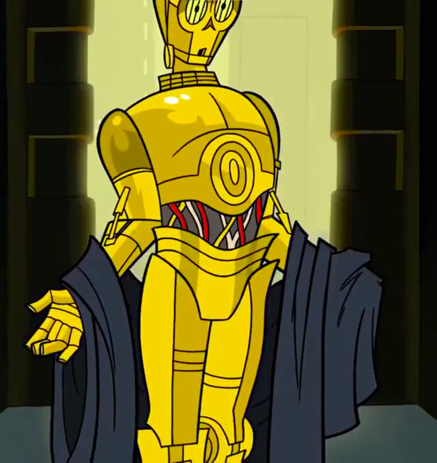 2003 c-3po cloak clone_wars_(2003) coruscant droid flashing genndy_tartakovsky gold male official_art presenting protocol_droid robot screenshot standing star_wars stripping undressing