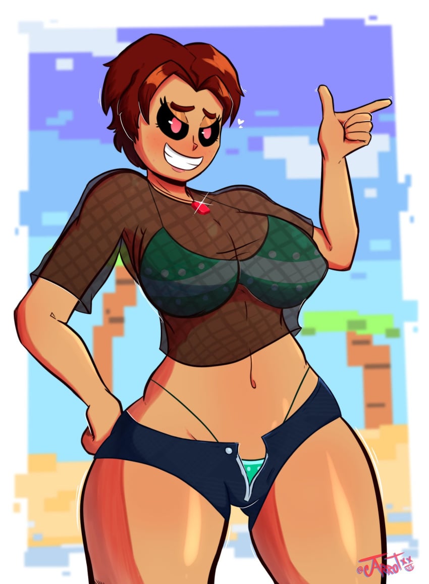 1girls beach big_breasts bikini bikini_under_clothes black_eyes brown_hair hand_on_hip jarrotxx looking_at_viewer original_character red_eyes smiling sole_female thick_thighs