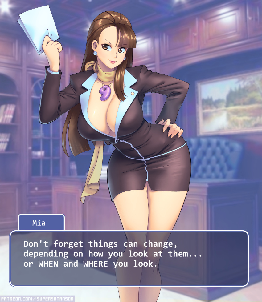 1girls ace_attorney big_breasts brown_hair business_suit capcom female female_focus female_only fully_clothed gyakuten_saiban high_resolution highres long_hair magatama magatama_necklace mature mature_female mia_fey solo supersatanson tagme