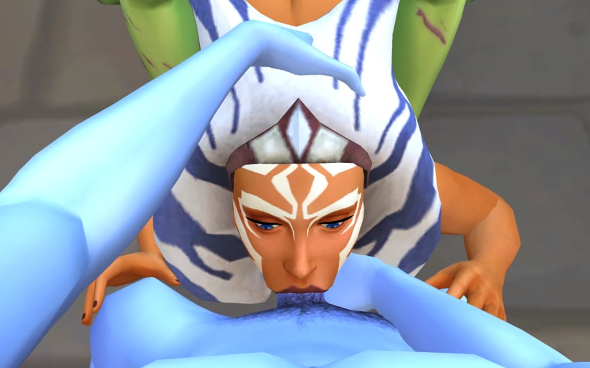 1girls 2boys 3d ahsoka_tano blue_eyes captnjaz deepthroat fellatio hi_res interspecies nude on_stomach oral pov pubic_hair simple_background star_wars star_wars_rebels throat_grab vaginal_penetration