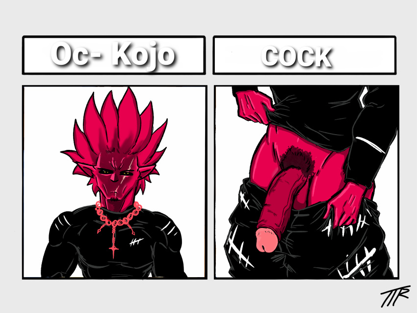 1boy alien angry_face big_penis black_clothing dark_elf disinterested elf_ears exposed_penis kojo_(ttherandom) kojoarts large_penis male male_focus male_only naughtypaw_(artist) necklace oc original_character pointy_ears presenting_penis pubes pulling_up_shirt red_body red_skin scars solo spiky_hair thick_penis ttherandom tthrandom tthrandom_rp yellow_eyes